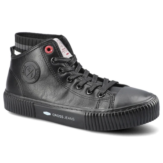 Zdjęcie produktu Sneakersy damskie Cross Jeans, z wysokiej jakości materiału syntetycznego z gładką cholewką klasycznym wycięciem sznurowanym zapięciem oraz grubą sta czarny