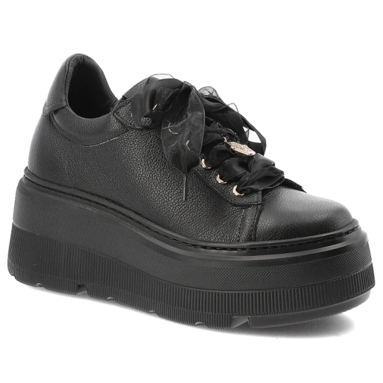 Zdjęcie produktu Sneakersy damskie Karino, na wysokiej platformie skórzane z ozdobami z okrągłym noskiem, czarne, 5739-126-P