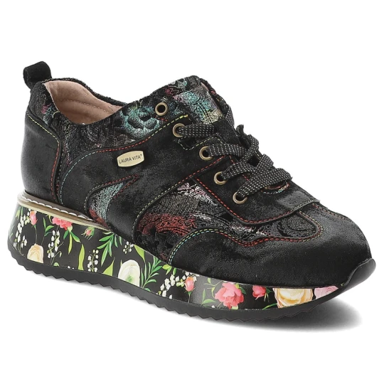 Zdjęcie produktu Sneakersy damskie Laura Vita, półbuty na grubej platformie skórzane z ozdobami i sznurowane, czarne, Delphine-16-SL6006-16