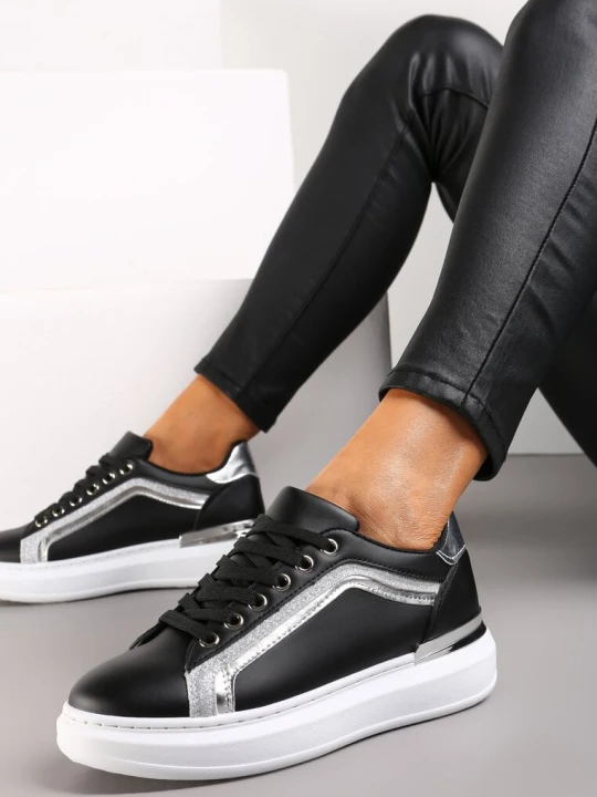 Zdjęcie produktu Czarne Sneakersy na Grubej Podeszwie z Brokatem Veneli