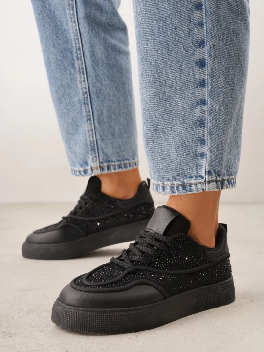 Zdjęcie produktu Czarne Sneakersy na Grubej Podeszwie z Cyrkoniami Catith Marquiiz