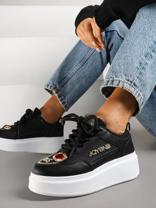 Zdjęcie produktu Czarne Sneakersy na Grubej Podeszwie z Cyrkoniami i Brokatem Falissa Maira