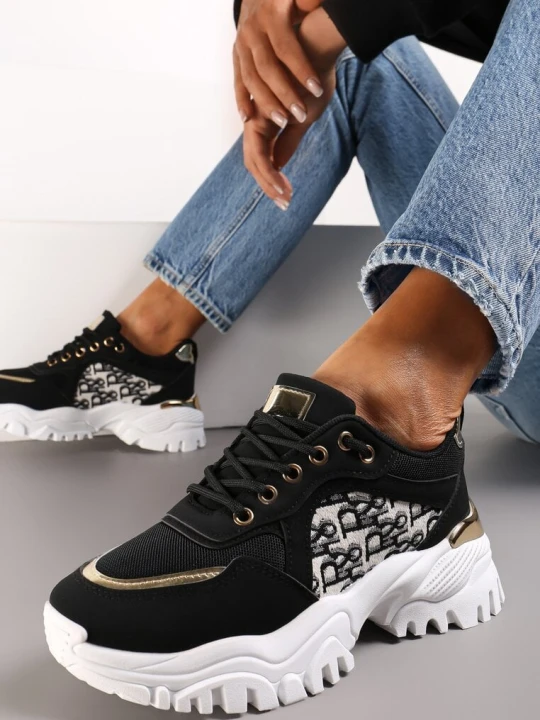 Zdjęcie produktu Czarne Sneakersy na Grubej Podeszwie z Metaliczną Wstawką Austyna