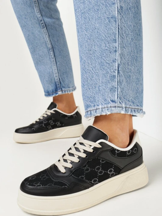 Zdjęcie produktu Czarne Sneakersy na Grubej Podeszwie z Nadrukiem Damaleta