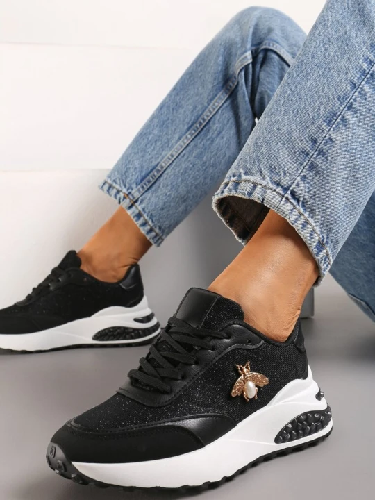 Zdjęcie produktu Czarne Sneakersy na Grubej Podeszwie z Ozdobą i Brokatem Sehdi