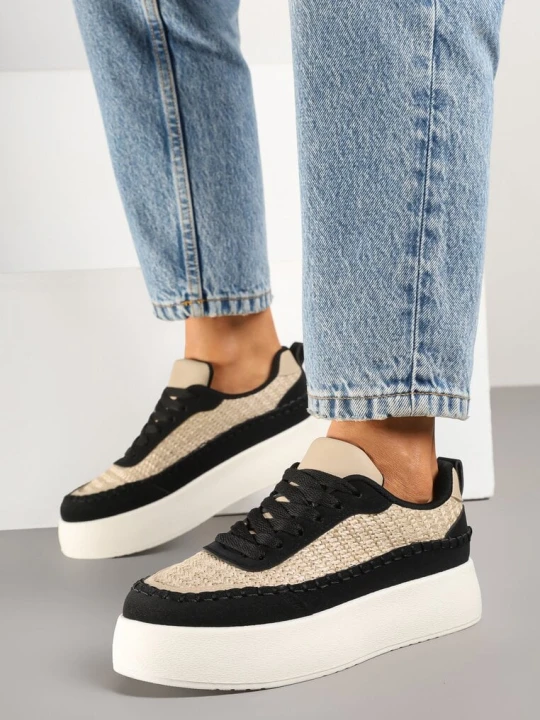 Zdjęcie produktu Czarne Sneakersy na Grubej Podeszwie z Plecioną Cholewką Nilavanea Ideal