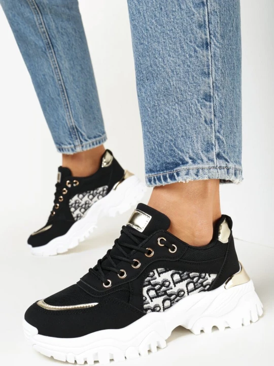 Zdjęcie produktu Czarne Sneakersy na Grubej Podeszwie z Wstawkami Sassaria