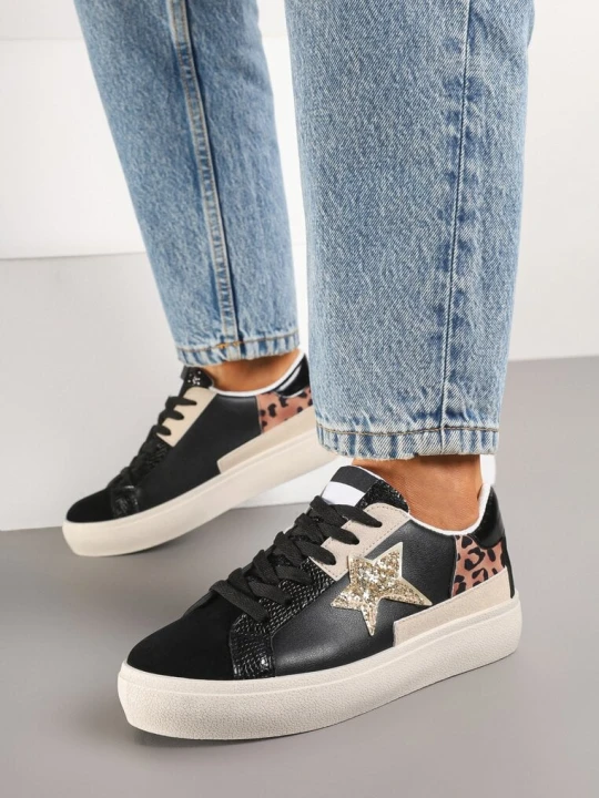 Zdjęcie produktu Czarne Sneakersy na Grubej Podeszwie Zdobione Brokatem Felthara