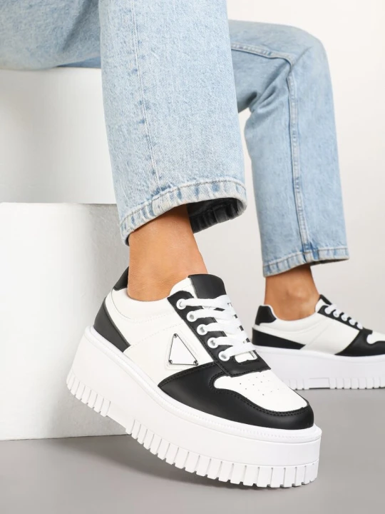 Zdjęcie produktu Biało-Czarne Sneakersy na Karbowanej Platformie Feniora