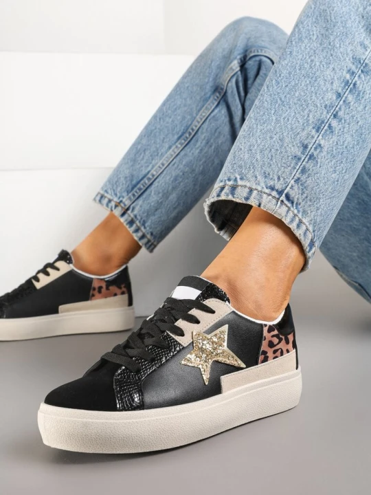 Zdjęcie produktu Czarne Sneakersy na Niskiej Platformie z Brokatowymi Zdobieniami Felaven