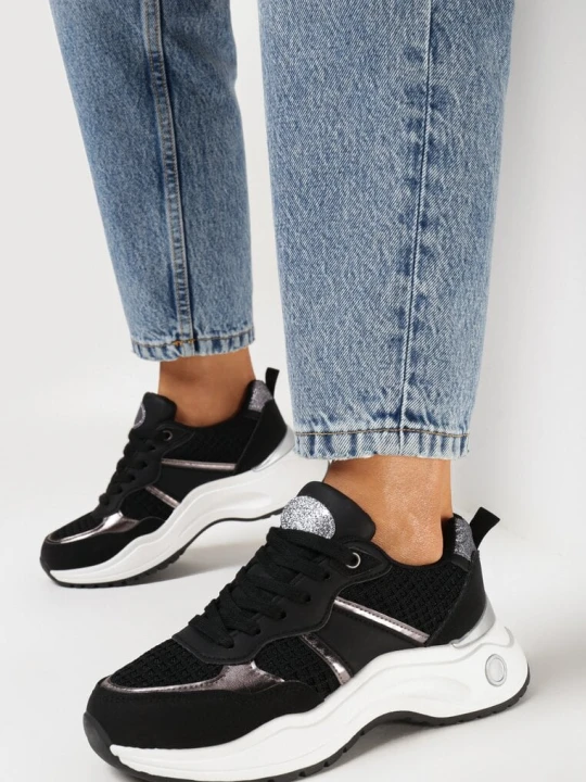Zdjęcie produktu Czarne Sneakersy na Płaskiej Podeszwie z Metalicznymi i Brokatowymi Wstawkami Acrila