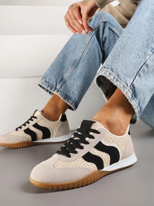 Zdjęcie produktu Beżowo-Czarne Sneakersy Ozdobione Plecionką z Rafii Wiloria