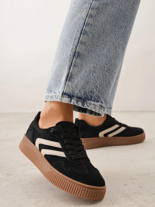 Zdjęcie produktu Czarne Sneakersy Retro Tenisówki z Naturalnego Zamszu ze Skórzaną Wkładką Beralene Santorio