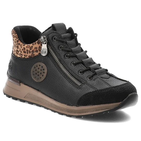 Zdjęcie produktu Sneakersy damskie Rieker, na platformie w panterkę z okrągłym noskiem i na zamek, czarne, N1457-00