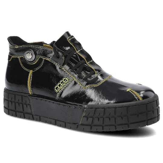 Zdjęcie produktu Sneakersy damskie Simen, naturalna skóra licowa lakierowana sznurowanie wzmocniona cholewka gruba podeszwa typu platforma z wyraźnym bieżnikiem ozdob czarny