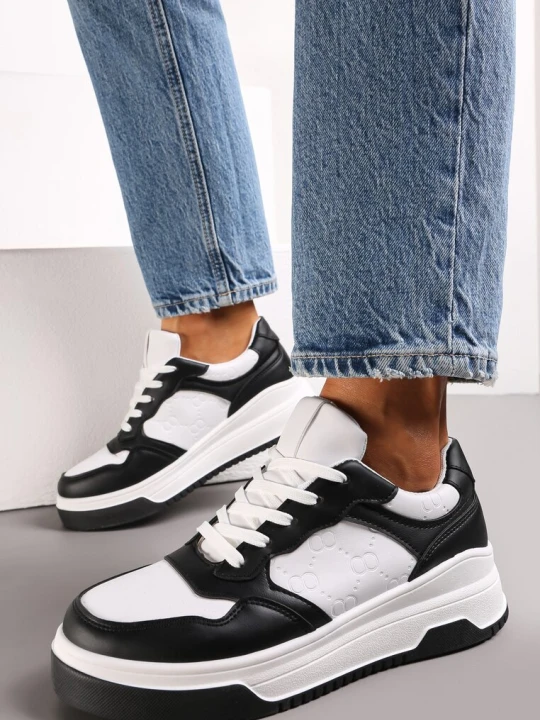 Zdjęcie produktu Czarno-Białe Sneakersy Sznurowane na Grubej Podeszwie Ainne