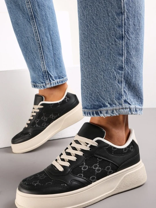 Zdjęcie produktu Czarne Sneakersy Sznurowane na Grubej Podeszwie Valua