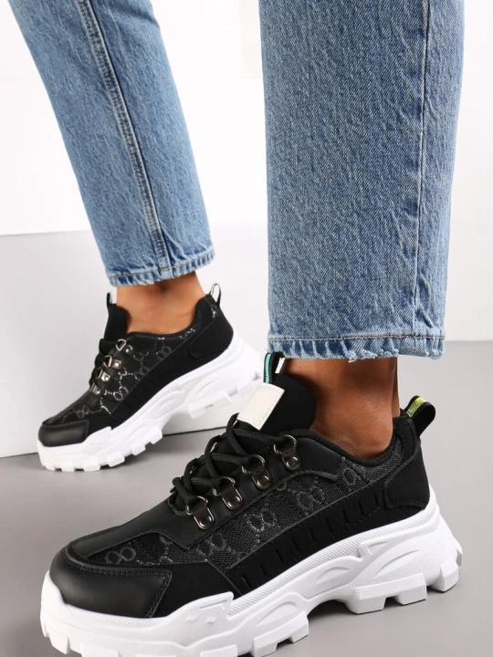 Zdjęcie produktu Czarne Sneakersy Sznurowane z Zaokrąglonym Noskiem na Grubej Podeszwie Alaiad