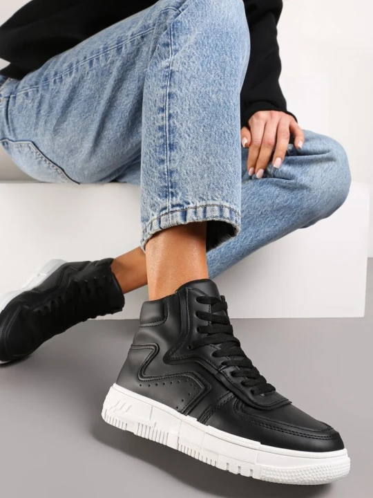 Zdjęcie produktu Czarne Sneakersy Sznurowane za Kostkę na Płaskiej Podeszwie Gitaria