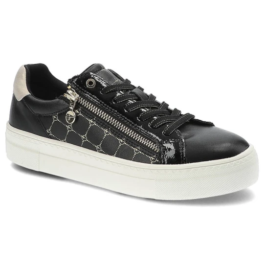Zdjęcie produktu Sneakersy damskie Tamaris, naturalna skóra licowa i lakierowana z dekoracyjnym panelem bocznym sznurowanym zapięciem, black comb, 1-23313-28-098