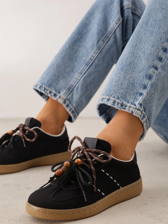 Zdjęcie produktu Czarne Sneakersy Typu Klasyczne Tenisówki Retro z Podwójnym Wiązaniem z Frędzlami Kotena
