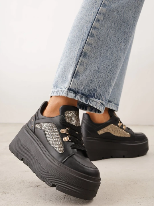 Zdjęcie produktu Czarne Sneakersy VICES na Koturnie z Brokatem Elanatale