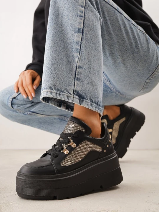 Zdjęcie produktu Czarne Sneakersy VICES na Koturnie z Brokatowymi Wstawkami Morinatea