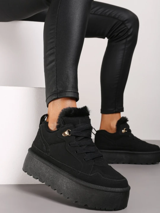 Zdjęcie produktu Czarne Sneakersy Vices w Stylu Śniegowców na Platformie z Ozdobnym Futerkiem Nalirea