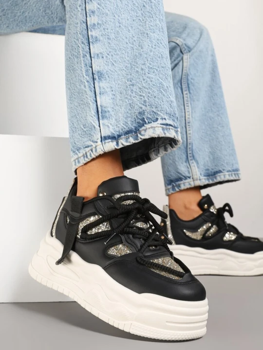 Zdjęcie produktu Czarne Sneakersy w Streetwearowym Stylu na Tłoczonej Platformie z Brokatem Mailienne Ideal
