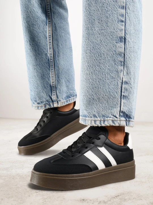 Zdjęcie produktu Czarne Sneakersy w Stylu Tenisówek z Paskami Nilomira Via Giulia