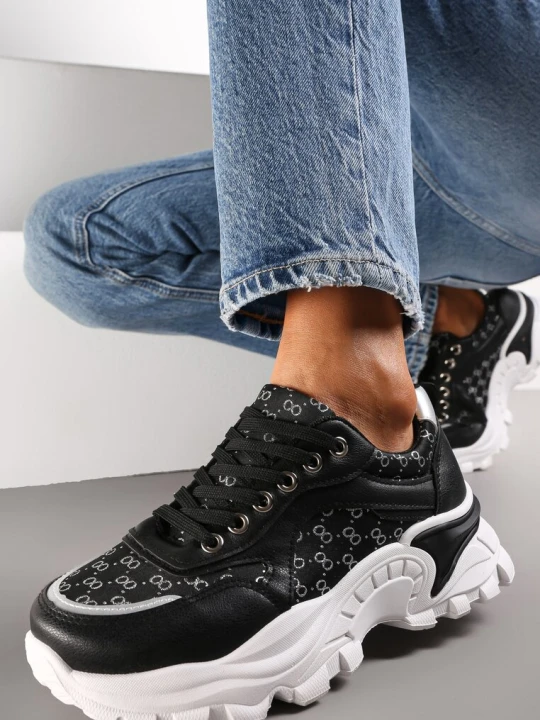 Zdjęcie produktu Czarne Sneakersy z Metaliczną Nitką na Grubej Podeszwie Melimeda