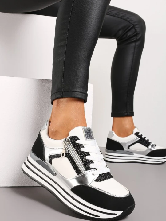 Zdjęcie produktu Czarne Sneakersy z Metalicznymi Wstawkami i Brokatem na Grubej Podeszwie Anova