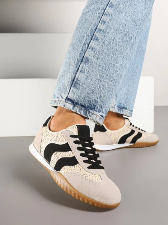 Zdjęcie produktu Beżowo-Czarne Sneakersy z Ozdobną Plecionką z Rafią Morloris