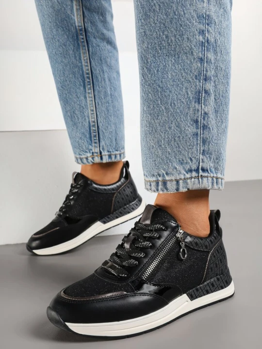 Zdjęcie produktu Czarne Sneakersy z Ozdobnym Suwakiem i Skórzaną Wkładką Hanviera