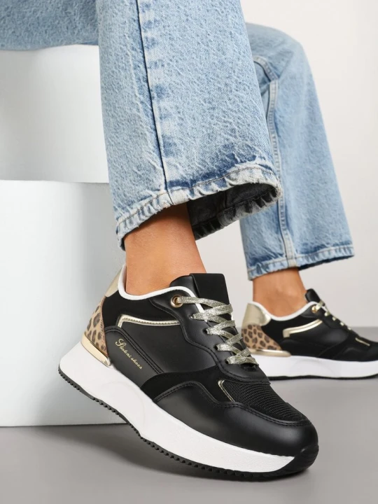 Zdjęcie produktu Czarne Sneakersy z Panterką i Napisem Raccaria Tulipano