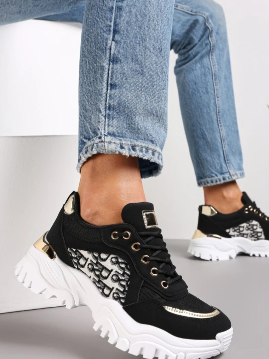 Zdjęcie produktu Czarne Sneakersy z Wstawkami na Grubej Podeszwie Trenta