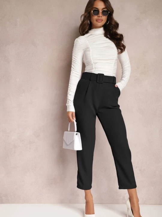 Zdjęcie produktu Czarne Spodnie Garniturowe High Waist z Paskiem Wenus Lily Rose