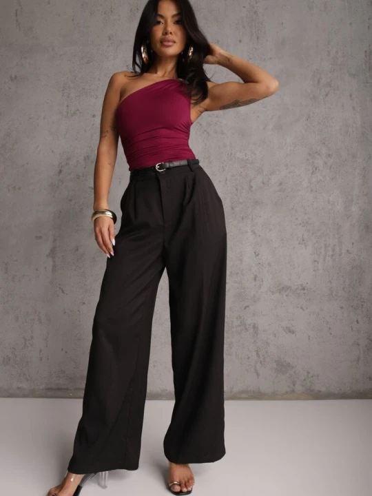 Zdjęcie produktu Czarne Spodnie High Waist Garniturowe z Szerokim Nogawkami Silzemia Retro & Icone
