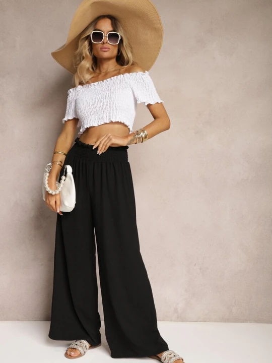 Zdjęcie produktu Czarne Spodnie High Waist z Szerokimi Nogawkami i Gumką w Pasie Risabessa Lovery