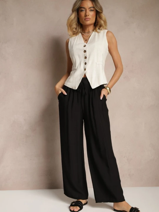 Zdjęcie produktu Czarne Spodnie Typu Palazzo o Szerokim Kroju High Waist Ozdobione Wiązaniem Yaslevia H&s