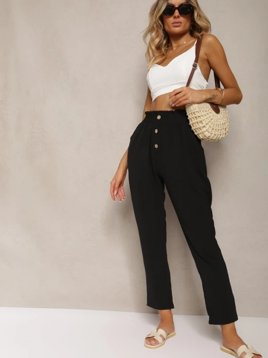 Zdjęcie produktu Czarne Spodnie Typu Paper Bag High Waist z Gumką w Talii Salvavia Cflo