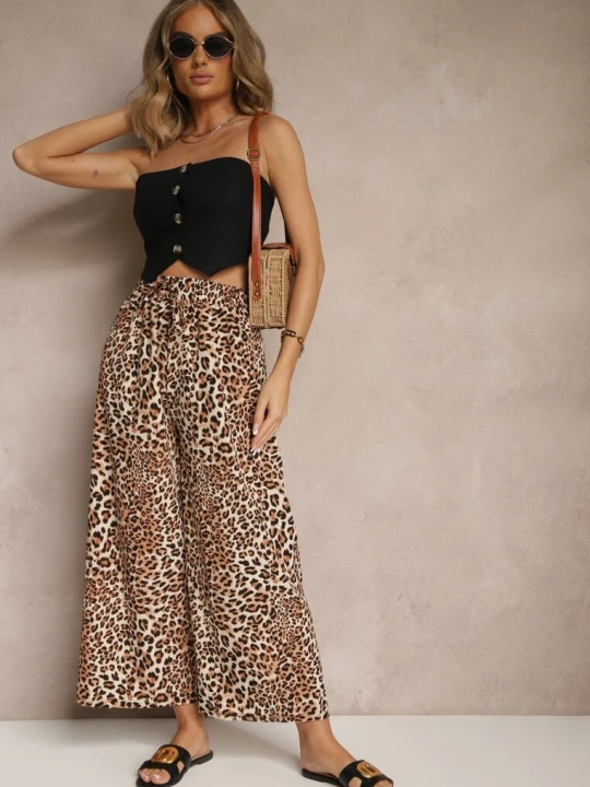 Zdjęcie produktu Beżowo-Brązowe Spodnie Wide Leg z Gumką w Talii w Panterkowy Wzór Filanira Defox Czarny