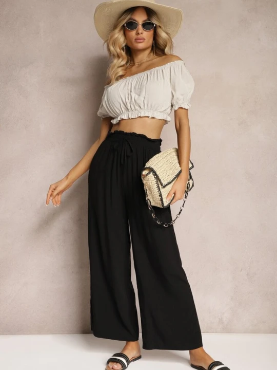Zdjęcie produktu Czarne Spodnie z Bawełny Typu Palazzo High Waist z Gumką w Talii Nelsaria Airisa