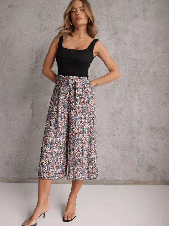Zdjęcie produktu Czarno-Różowe Spodnie z Szerokimi Nogawkami High Waist z Bawełną Paskiem i Gumką w Talii Drosofia Airisa