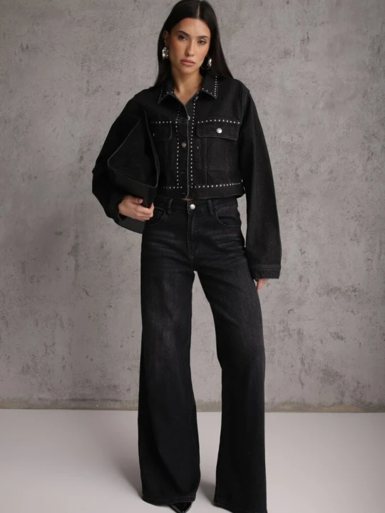 Zdjęcie produktu Czarne Szerokie Jeansy Palazzo z Bawełną High Waist Zinnasira Hello Miss