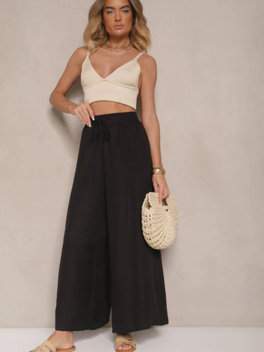Zdjęcie produktu Czarne Szerokie Spodnie High Waist Ozdobione Wiązaniem Telonia H&s