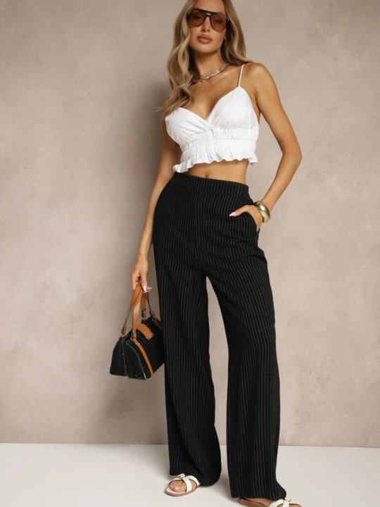 Zdjęcie produktu Czarne Szerokie Spodnie High Waist z Lnu i Bawełny Ivelpio Yu & Me
