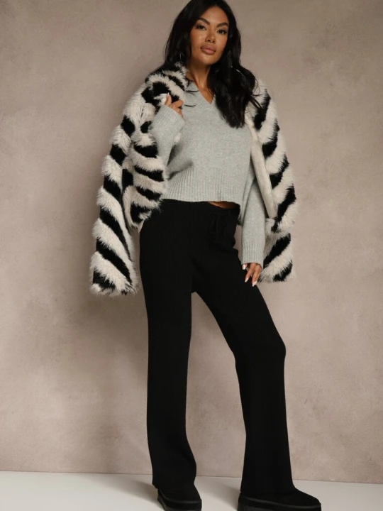 Zdjęcie produktu Czarne Szerokie Spodnie z Wełną High Waist z Prążkowanego Materiału Reinna J&x