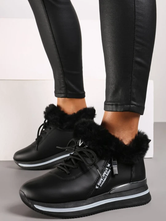 Zdjęcie produktu Czarne Sznurowane Botki Sneakersy z Futerkiem Gameda Vices