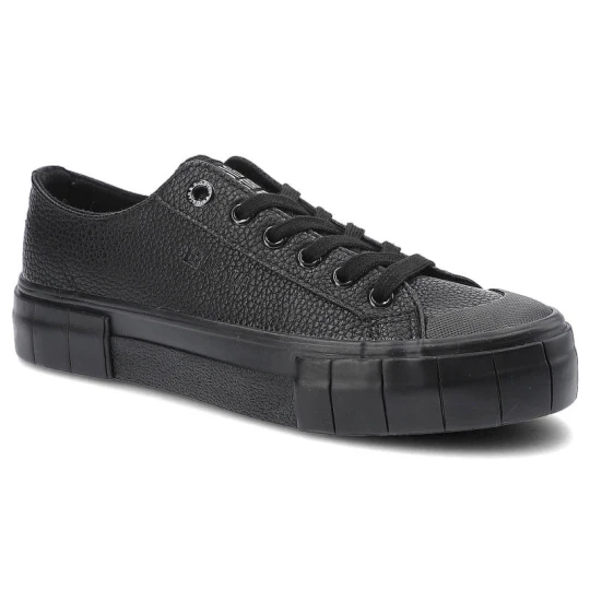 Zdjęcie produktu Trampki damskie Big Star, z wysokiej jakości materiału syntetycznego z gładką cholewką sznurowanym zapięciem, czarne, II274189